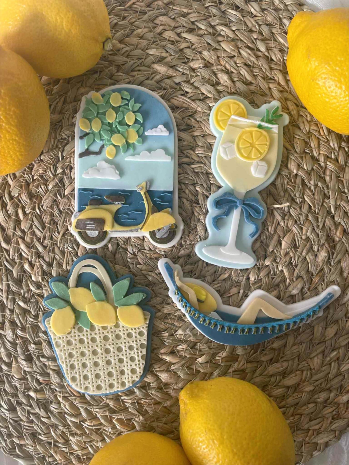 Lemons in rattan bag cookie cutter and stamp