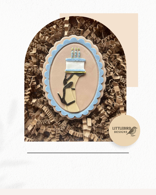 Legs with birthday cake cookie cutter and stamp