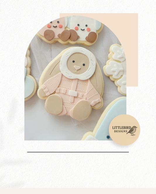 Bunny in snowsuit plush cookie cutter and stamp
