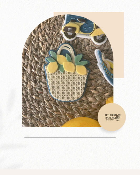 Lemons in rattan bag cookie cutter and stamp