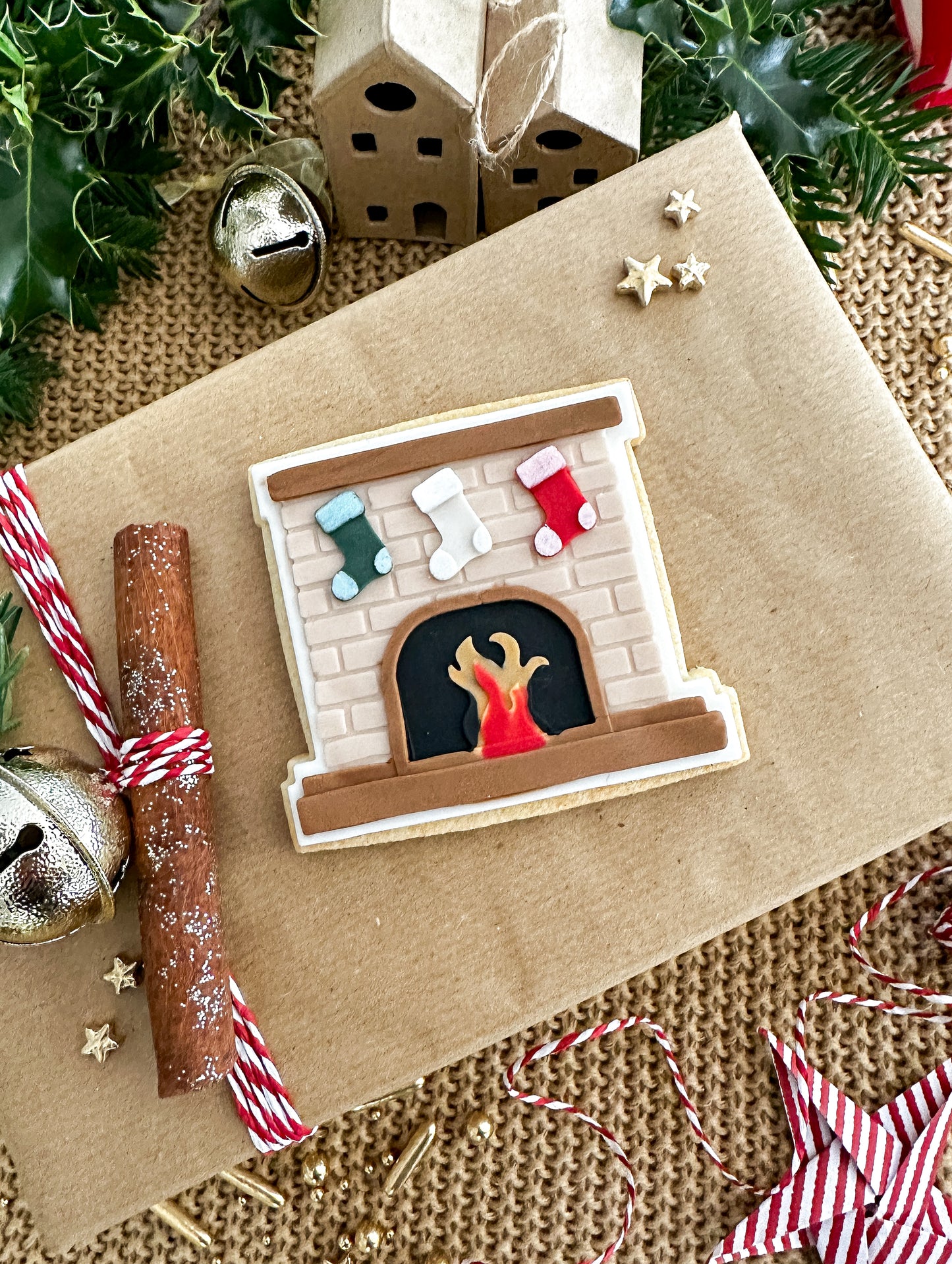 Fireplace with stockings cookie cutter and stamp