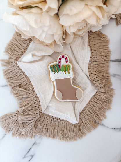 Stocking with presents cookie cutter and stamp