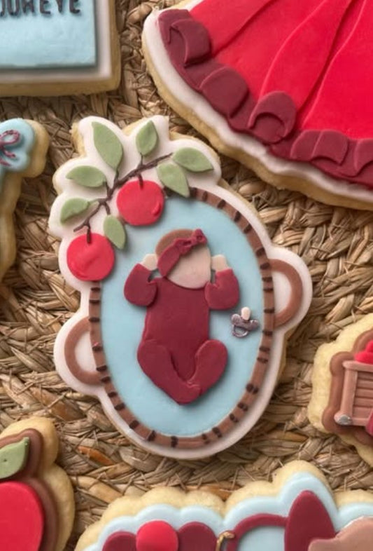 Baby in basinet with apples cookie cutter and stamp