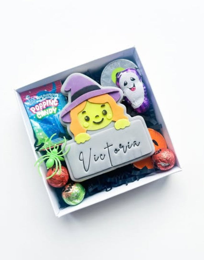 witch name plaque cookie cutter and stamp