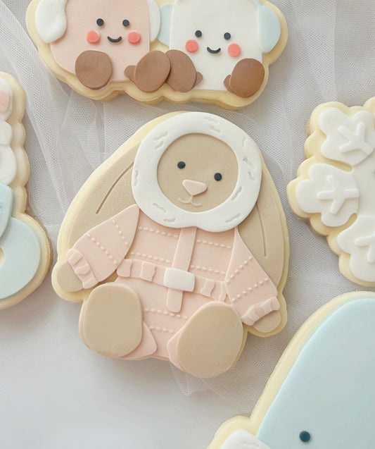 Bunny in snowsuit plush cookie cutter and stamp